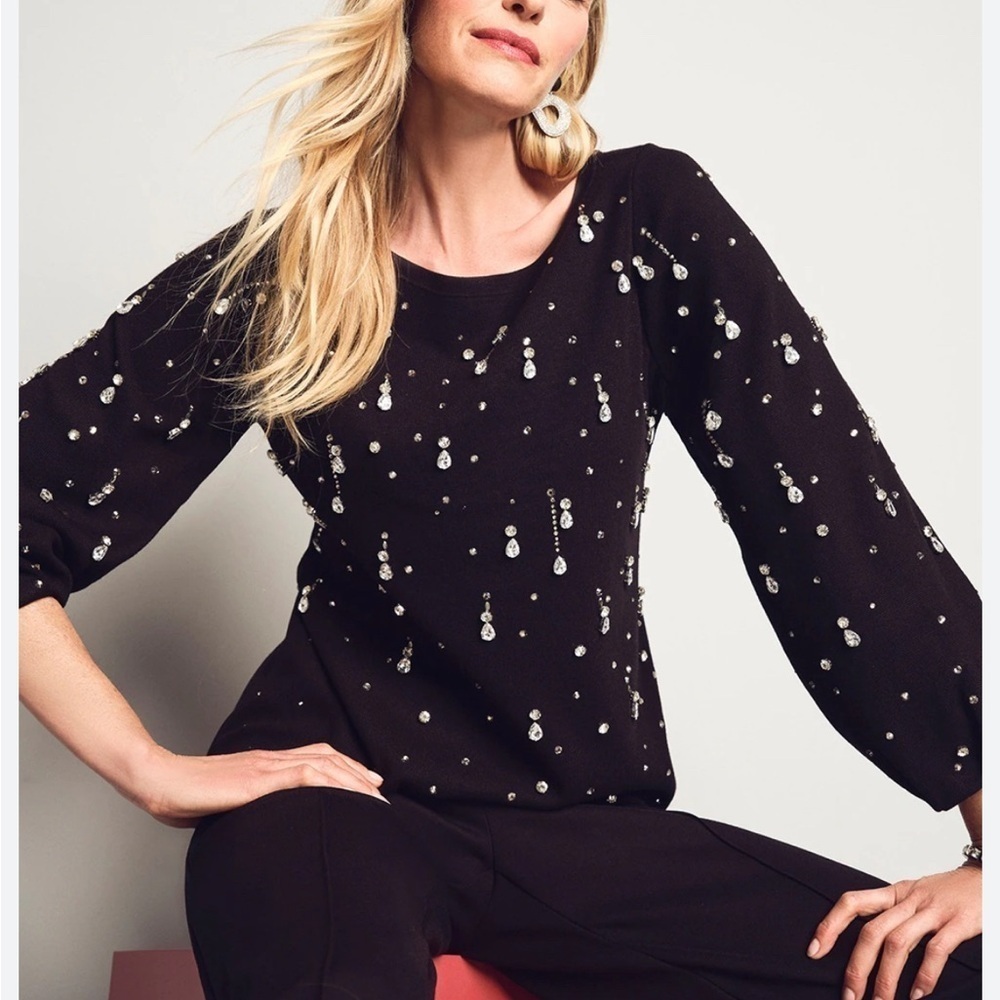 Chico’s Drop Rhinestones pullover sweater black size XS party holidays